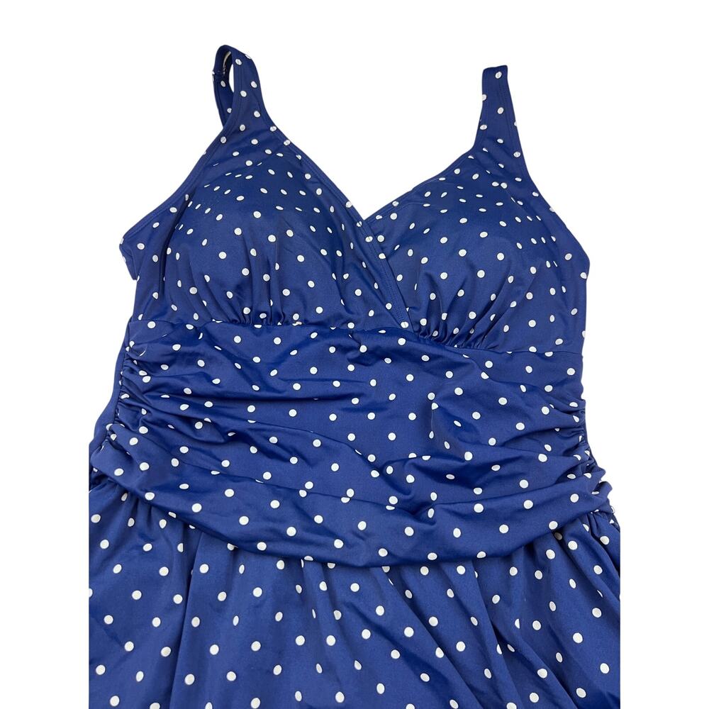 Denim & Co Swim Dress Ruched Flounce One Piece Blue Polka Dot Retro Rockabilly - Picture 3 of 8
